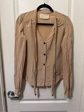 Rebecca Minkoff Beige Tie-Neck Button Blouse